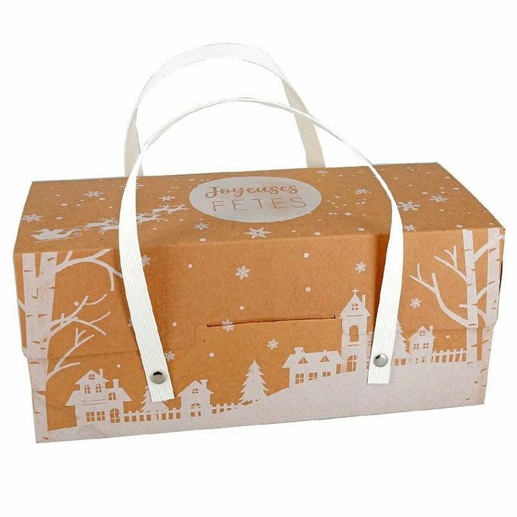 Boite de transport pour bûche de Noël en carton avec poignées modèle kraft Joyeuses fêtes 11 x 11 x 30 cm - Patisdecor