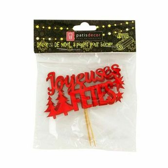 Achat en ligne Décor de gâteau et bûche de Noël : 2 cake toppers Joyeuses Fêtes en bois rouge 9 cm - Patisdecor