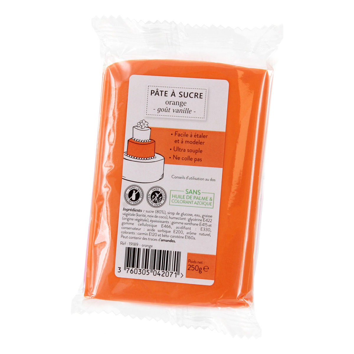 Pâte à sucre sans huile de palme orange 250 gr