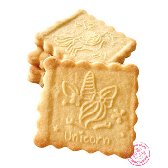 Achat en ligne Tampon en bois pour biscuit 5 motifs et emporte pièce motif licorne - Scrapcooking