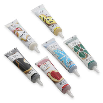 Achat en ligne Lot de 6 stylos de glaçage Noël pour décorer les biscuits : blanc, vert foncé, rouge, jaune, noir et bleu clair