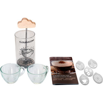 Achat en ligne Kit Barista cappuccino, macchiato, café latte et chocolat :  mousseur à lait manuel, 2 tasses, 16 pochoirs et livret recettes - Cookut