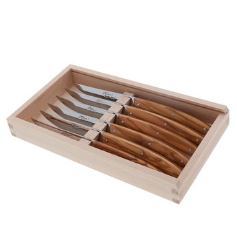 Achat en ligne Coffret 6 couteaux steak lame lisse le Thiers manche bois d´olivier - Jean Dubost