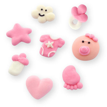 Achat en ligne Plaque de décors comestibles : 8 décors thème naissance et bébé Baby Shower rose