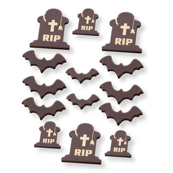 Achat en ligne Décor en chocolat : 6 pierres tombales et 8 chauves-souris pour gâteau d´Halloween