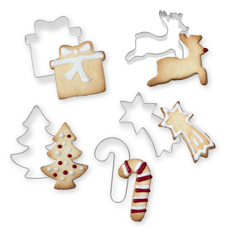 Set de 5 emporte-pièces en inox Noël : Etoile filante, sapin, candy cane, cadeau et renne - Alice Délice