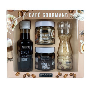 Achat en ligne Coffret café gourmand : sirop saveur noisette, amandes caramélisées, sucre saveur caramel et spécialité gourmande à la pomme et caramel - Savor et Sens