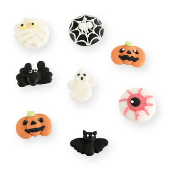 Achat en ligne Plaque de décors comestibles : 8 décors personnages d´Hallowen (chauve-souris, citrouilles, monstre, fantôme, araignées et oeil) 2.5 cm