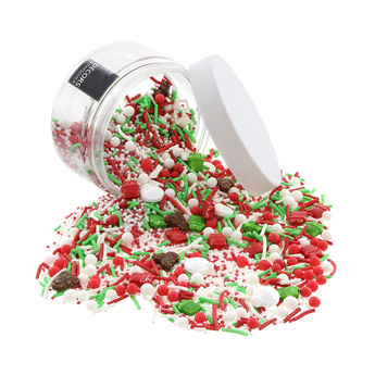 Achat en ligne Décor à parsemer : mélange sprinkles de Noël Cadeau, Renne et Boule de Noël blanc, rouge, vert et marron 100 gr