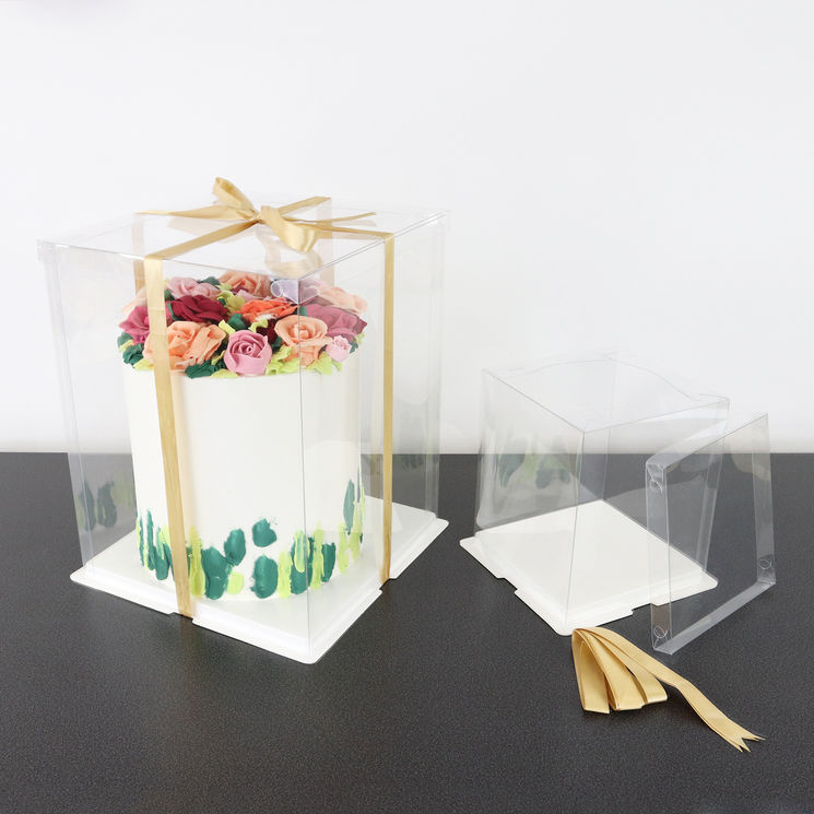 Boîte à gâteaux vitrine Crystal transparente avec ruban doré 20 x 20 x 28 cm - PME