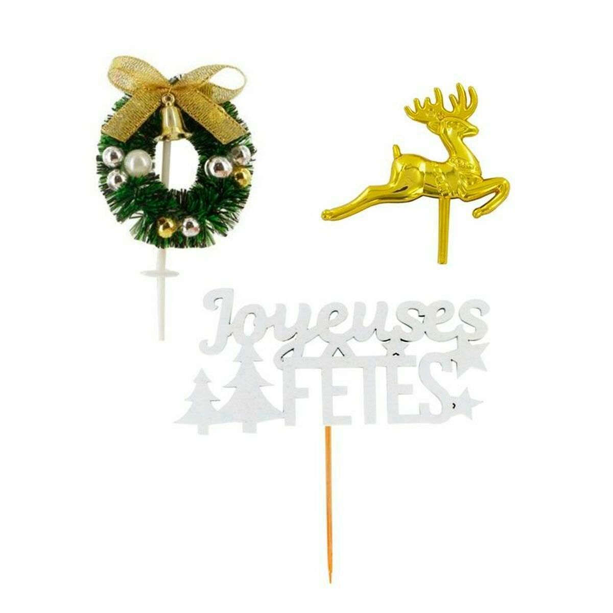 Décor de gâteau et bûche de Noël : set 4 décorations couronne de Noël, 2 cerfs et Joyeuses Fêtes dorées et blanches - Patisdecor