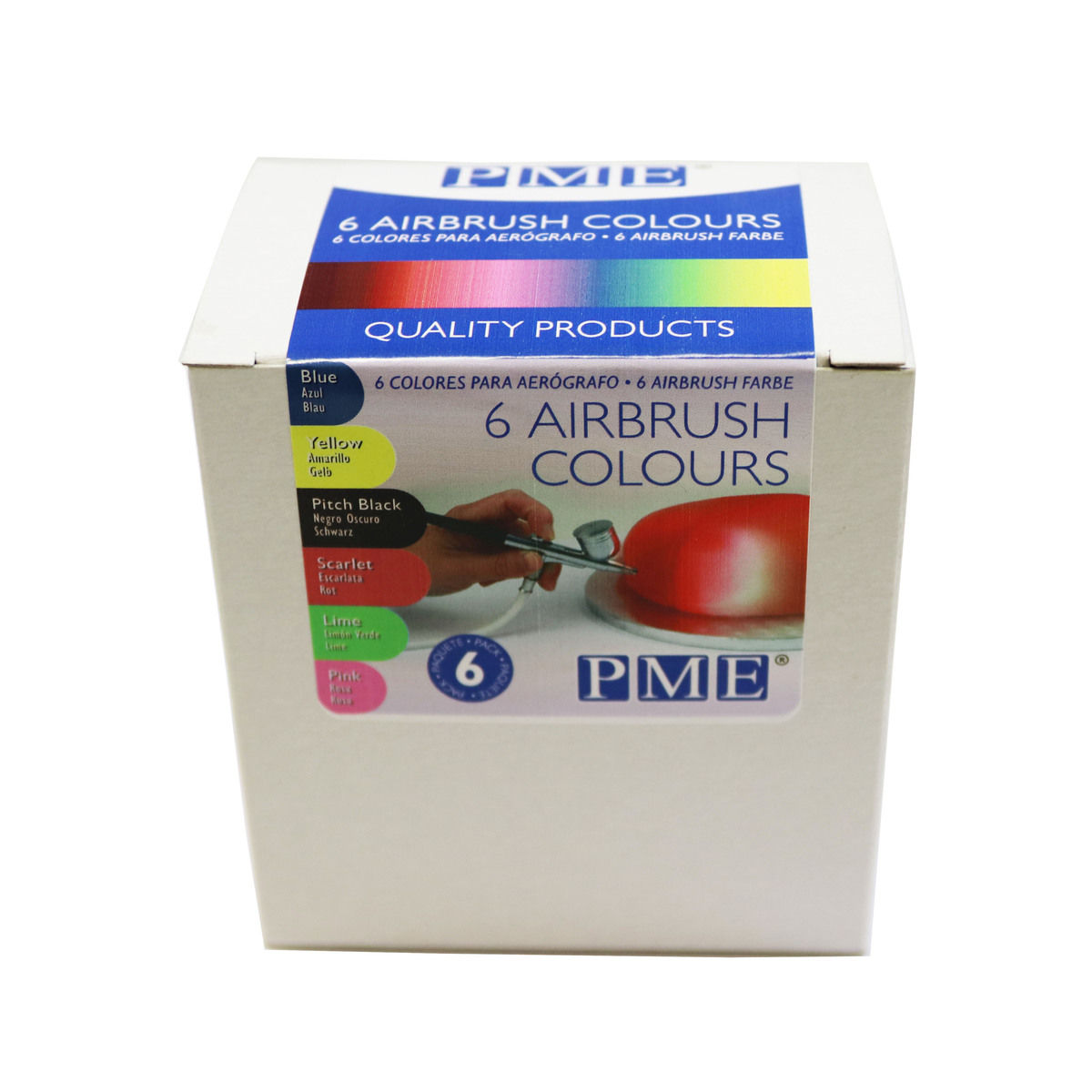 Set de 6 colorants alimentaires liquides pour aérographe : bleu, jaune, noir, rouge, vert et rose 6 x 25 gr - PME