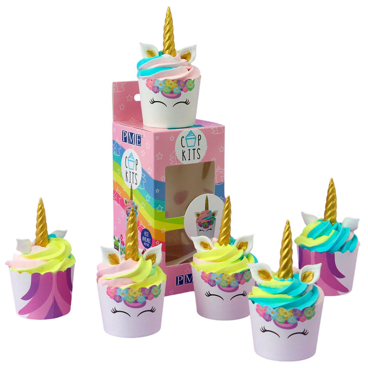 Set cupcakes licorne : 6 caissettes blanches, 6 caissettes licornes et 6 sets de décors en sucre - PME