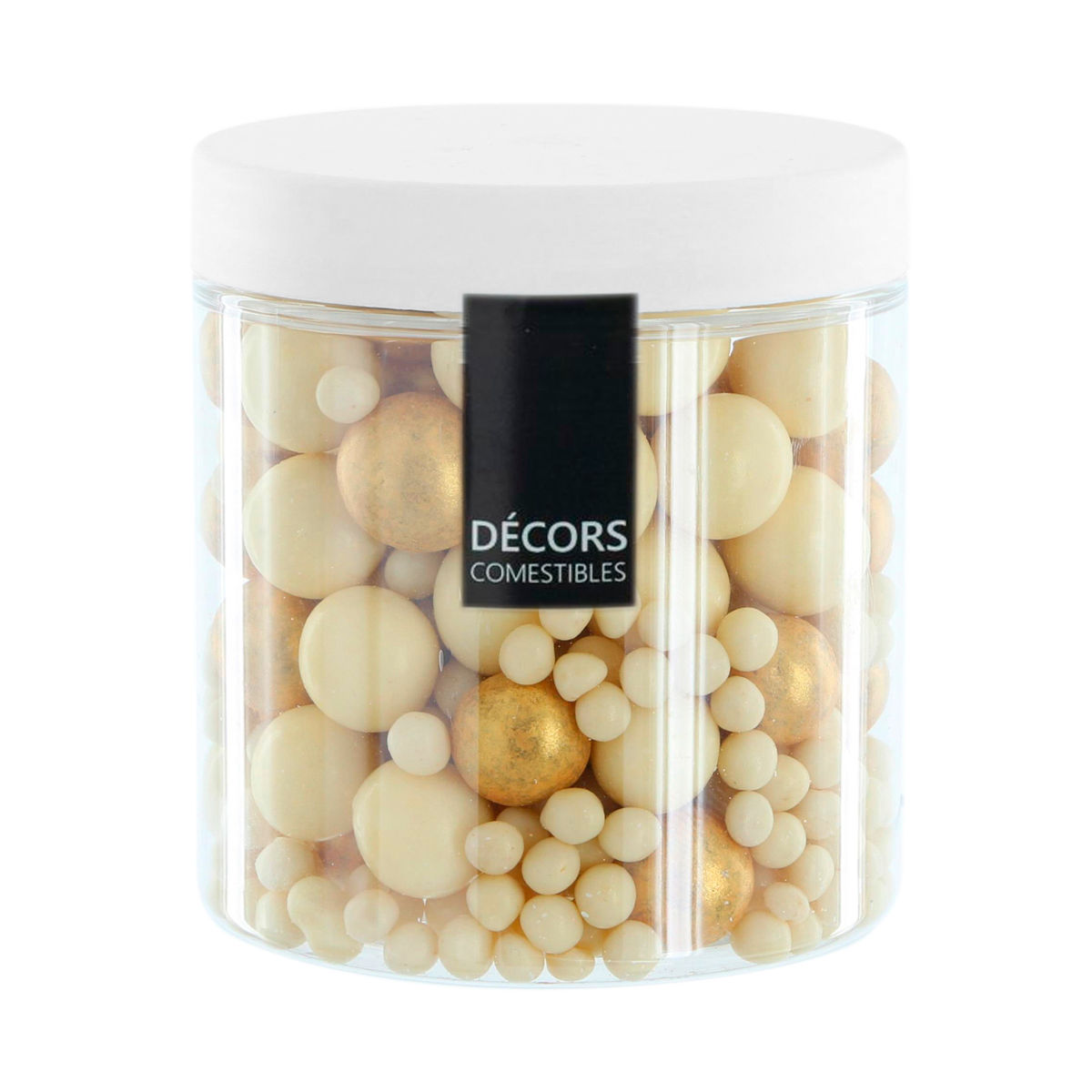 Pot de décorations perles chocolat blanc et doré 100 gr - Alice Délice