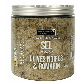 Achat en ligne Sel aux olives noires et romarin 600g - Savor et Sens