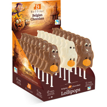 Achat en ligne Sucette au chocolat au lait ou blanc fantôme d´Halloween 25 gr - Belfine