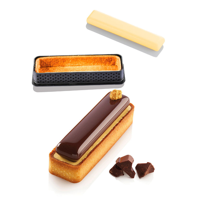 Kit tartelettes Ring Rectangular : moule en silicone 6 empreintes 10.7 x 2.3 cm et 6 cercles perforés en thermoplastique 12 x 3.5 x 2 cm - Silikomart Professional