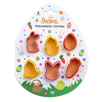 Achat en ligne Lot de 6 mini emporte-pièces en plastique Pâques (lapin, poussin, oeuf, cloche et carotte) - Decora